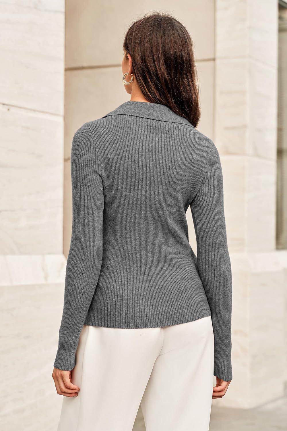 imageArachampCloz Womens Wool Blend Polo Sweater Shirt Business Casual Slim Fitted Fall Tops 2025Gray