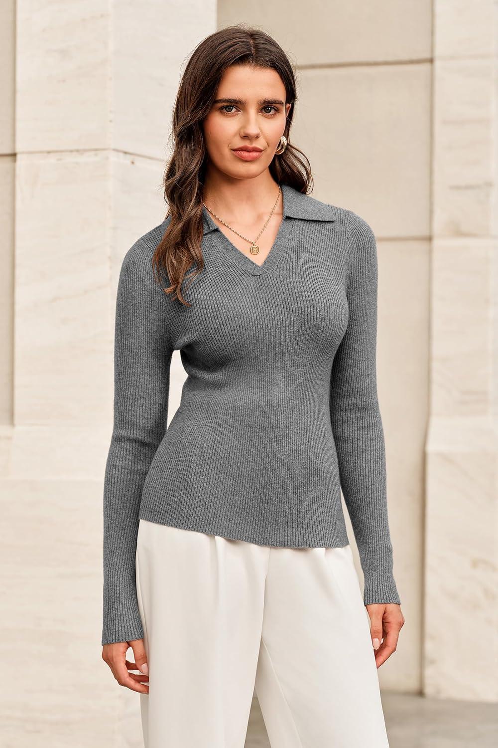 imageArachampCloz Womens Wool Blend Polo Sweater Shirt Business Casual Slim Fitted Fall Tops 2025Gray