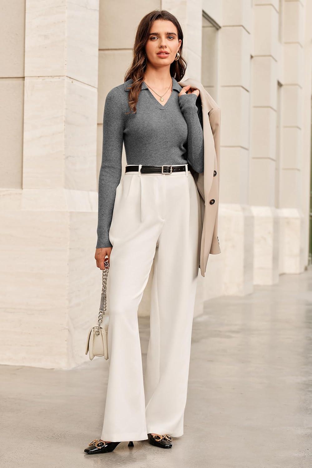imageArachampCloz Womens Wool Blend Polo Sweater Shirt Business Casual Slim Fitted Fall Tops 2025Gray