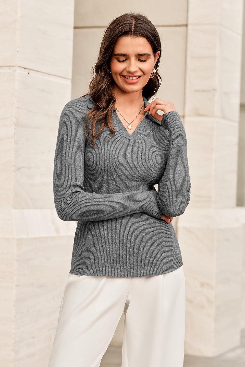 imageArachampCloz Womens Wool Blend Polo Sweater Shirt Business Casual Slim Fitted Fall Tops 2025Gray