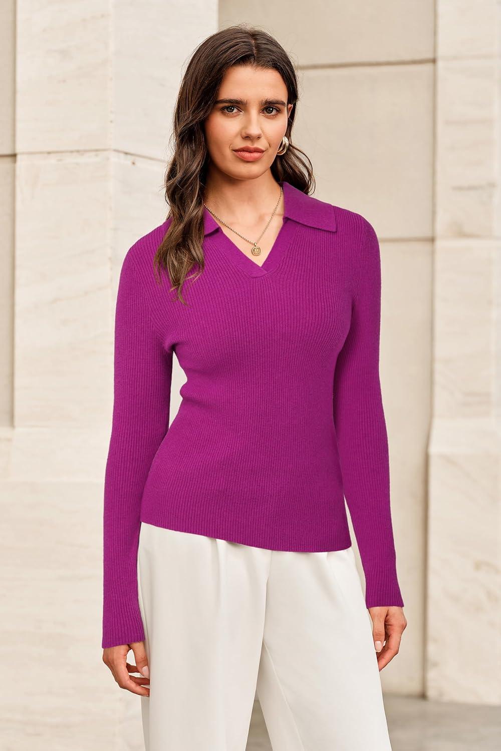 imageArachampCloz Womens Wool Blend Polo Sweater Shirt Business Casual Slim Fitted Fall Tops 2025Rose