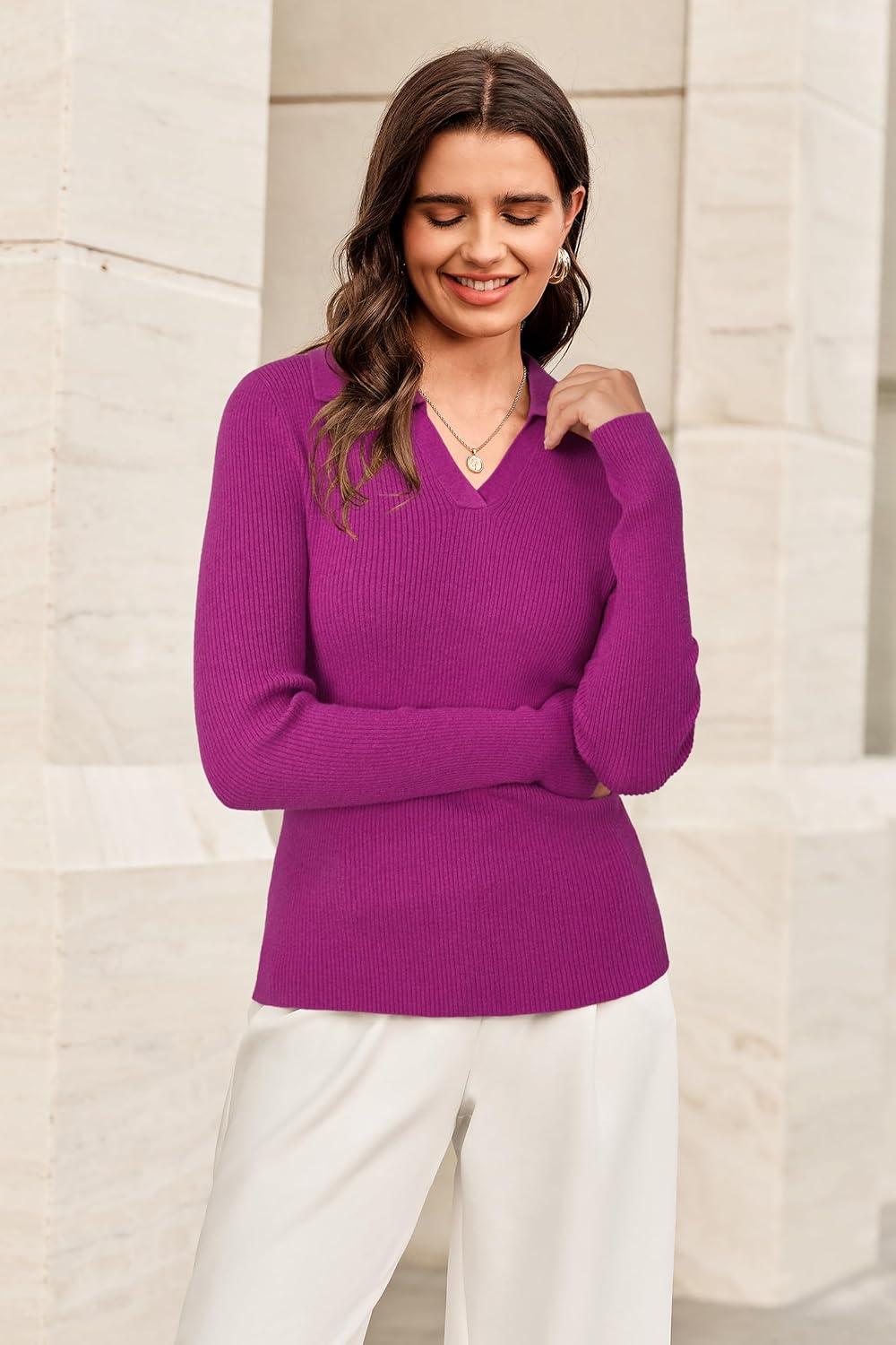 imageArachampCloz Womens Wool Blend Polo Sweater Shirt Business Casual Slim Fitted Fall Tops 2025Rose
