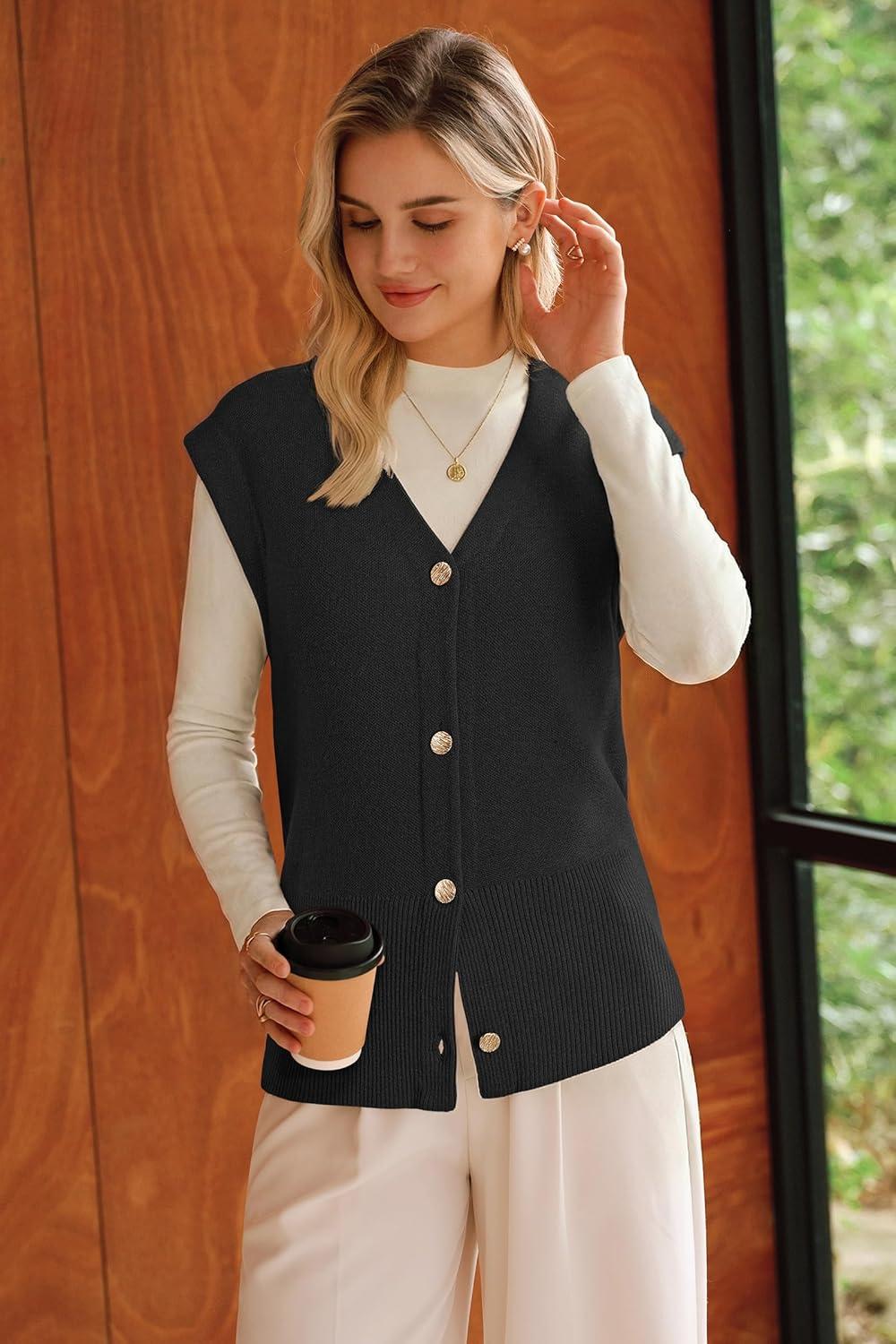 imageArachampCloz Womens Wool Blend Sweater Vest V Neck Button Down Cardigan Business Casual Tops 2026Black