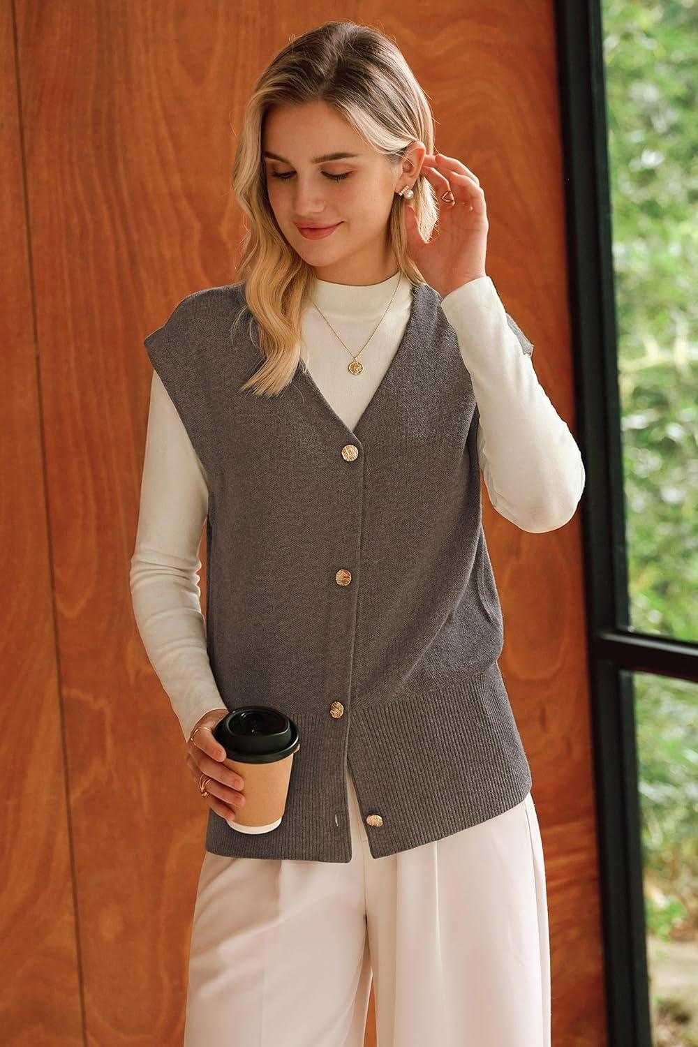 imageArachampCloz Womens Wool Blend Sweater Vest V Neck Button Down Cardigan Business Casual Tops 2026Coffee