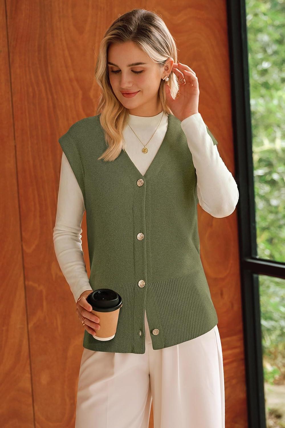 imageArachampCloz Womens Wool Blend Sweater Vest V Neck Button Down Cardigan Business Casual Tops 2026Olive Green