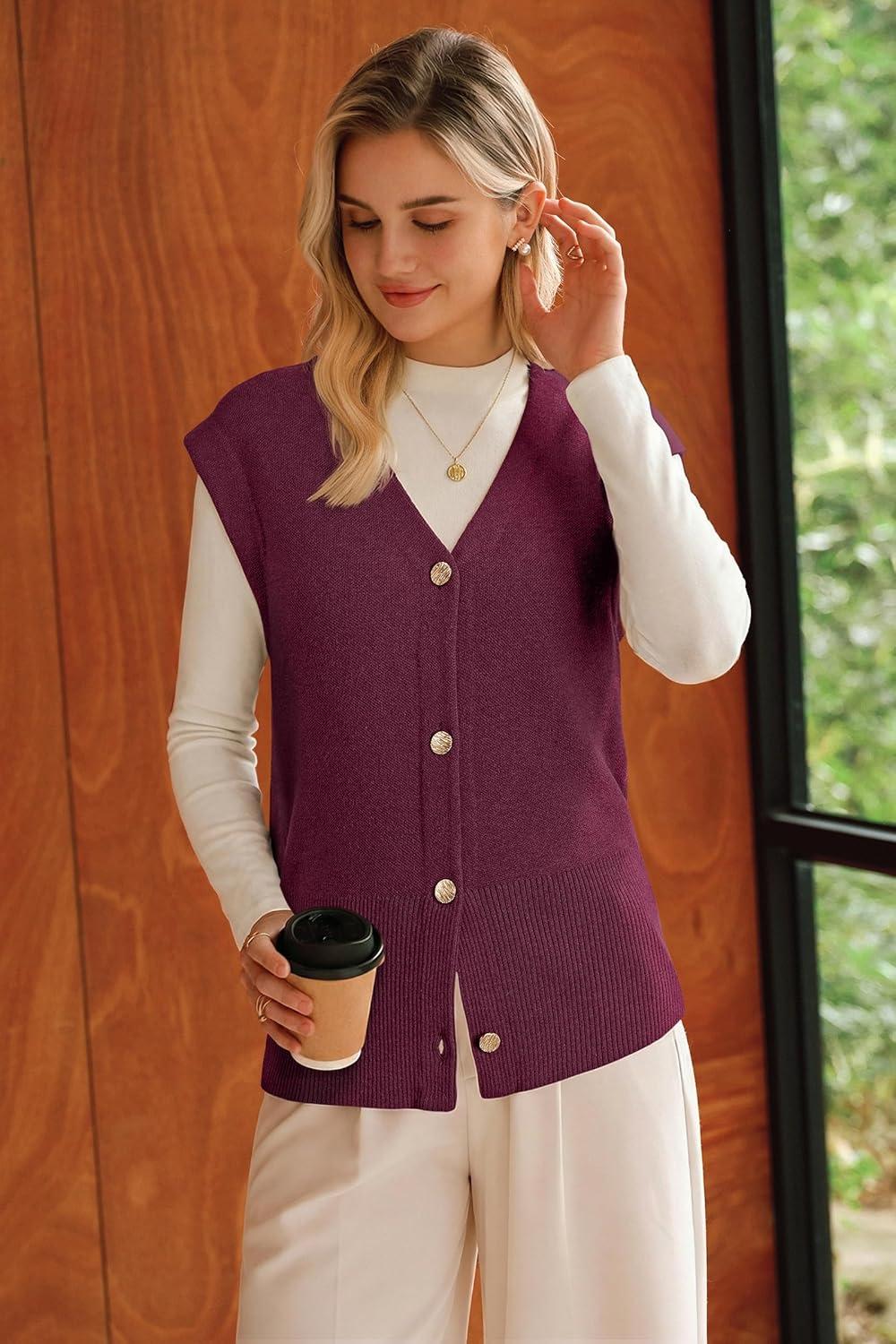 imageArachampCloz Womens Wool Blend Sweater Vest V Neck Button Down Cardigan Business Casual Tops 2026Wine
