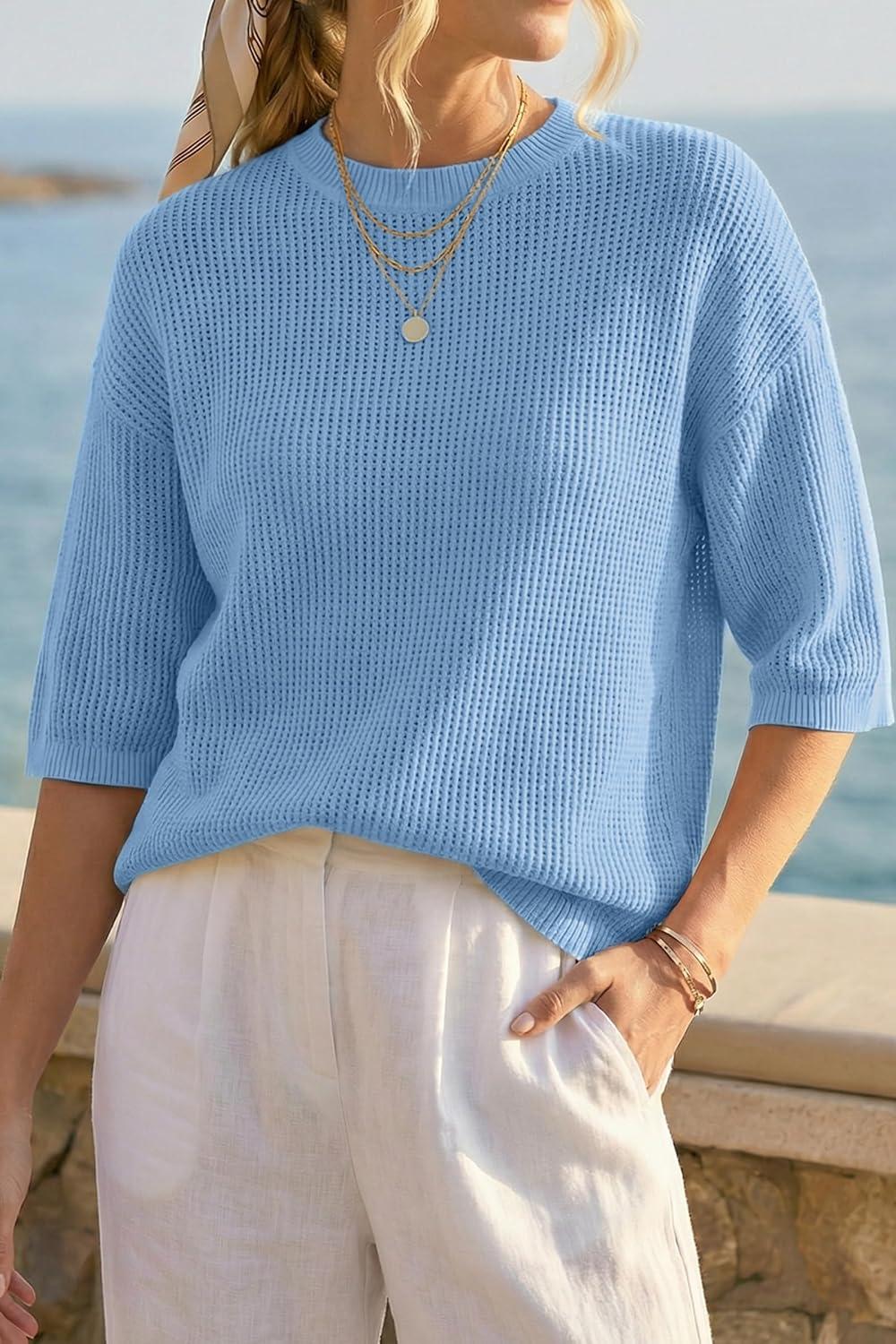 imageArachampCloz Womens 100 Cotton 34 Length Sleeve Sweater Pullover Summer Crochet Tops Shirts Casual Blouses 2026Light Blue