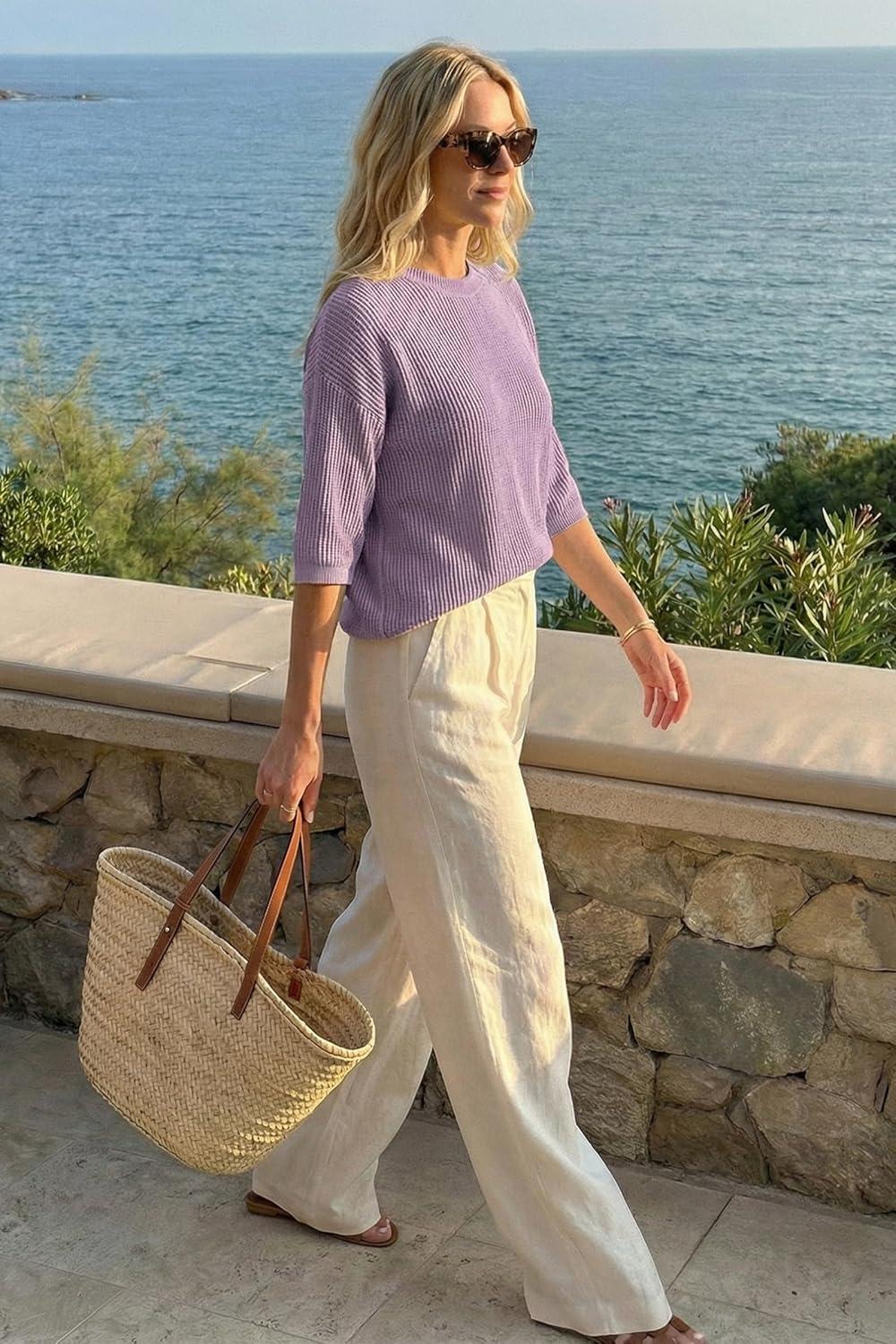 imageArachampCloz Womens 100 Cotton 34 Length Sleeve Sweater Pullover Summer Crochet Tops Shirts Casual Blouses 2026Purple
