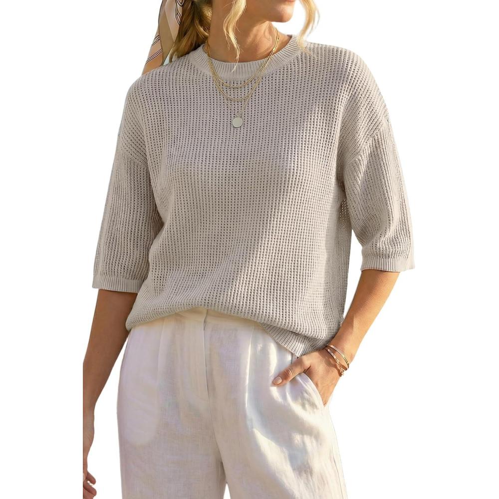 imageArachampCloz Womens 100 Cotton 34 Length Sleeve Sweater Pullover Summer Crochet Tops Shirts Casual Blouses 2026Grey