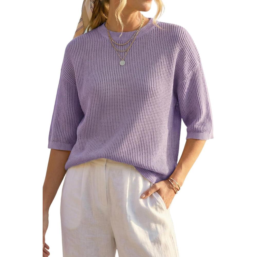 imageArachampCloz Womens 100 Cotton 34 Length Sleeve Sweater Pullover Summer Crochet Tops Shirts Casual Blouses 2026Purple