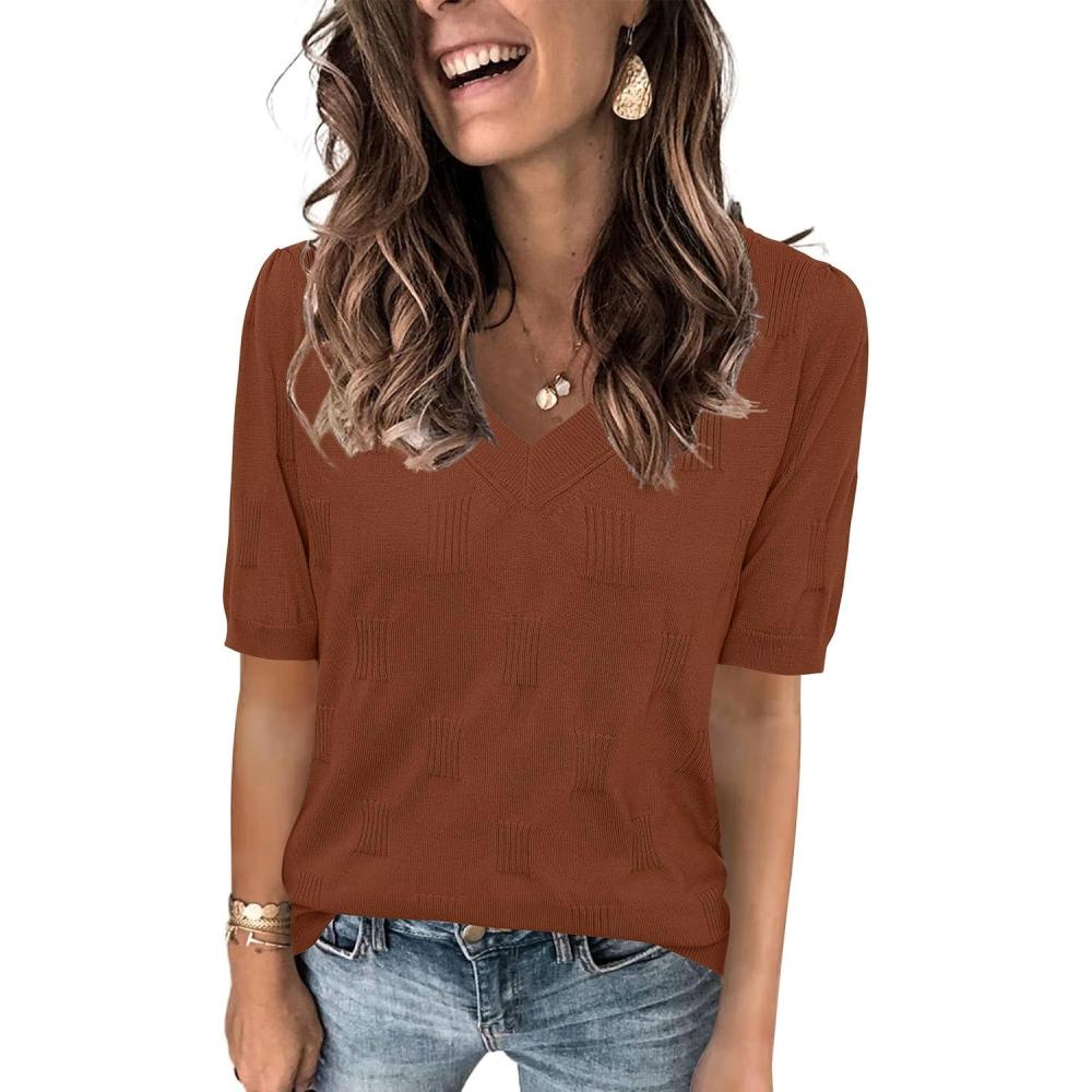 imageArachampCloz Womens Lightweight Fall Sweater Tops Casual Short Sleeve Blouses ShirtsDark Brown
