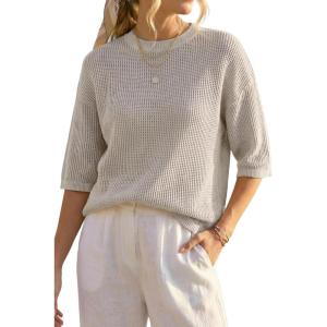 Arach&Cloz Womens 100% Cotton 3/4 Length Sleeve Sweater Pullover Summer Crochet Tops Shirts Casual Blouses 2026(Grey)