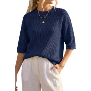 Arach&Cloz Womens 100% Cotton 3/4 Length Sleeve Sweater Pullover Summer Crochet Tops Shirts Casual Blouses 2026(Navy)