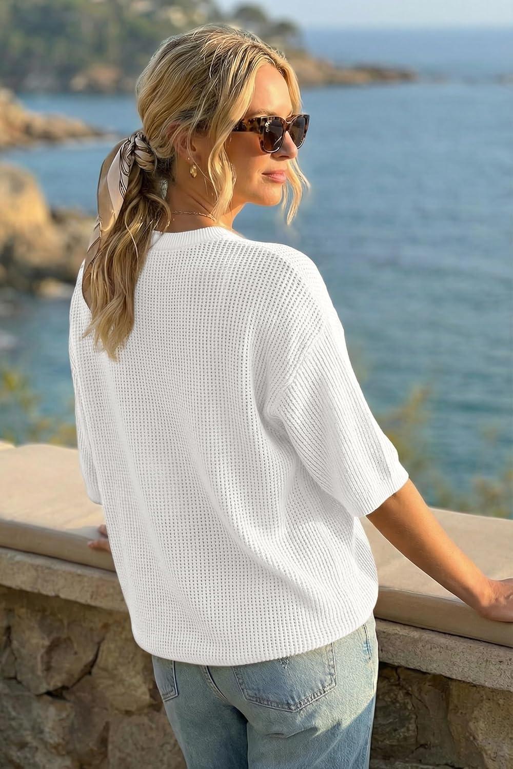 imageArachampCloz Womens 100 Cotton 34 Length Sleeve Sweater Crochet Tops Shirts Casual Blouses Resort Wear Summer 2026Beige