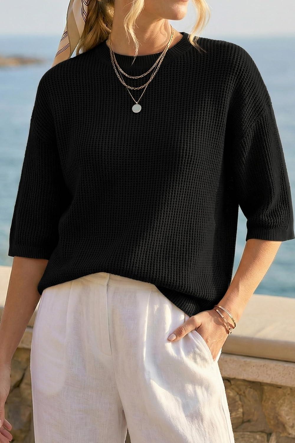 imageArachampCloz Womens 100 Cotton 34 Length Sleeve Sweater Crochet Tops Shirts Casual Blouses Resort Wear Summer 2026Black