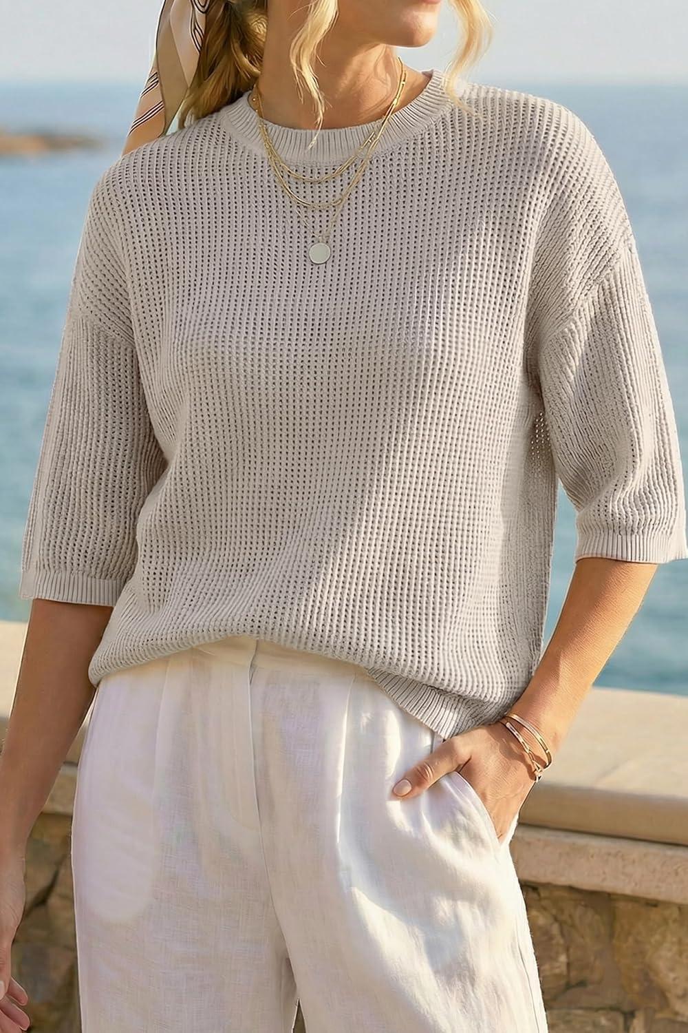 imageArachampCloz Womens 100 Cotton 34 Length Sleeve Sweater Crochet Tops Shirts Casual Blouses Resort Wear Summer 2026Grey