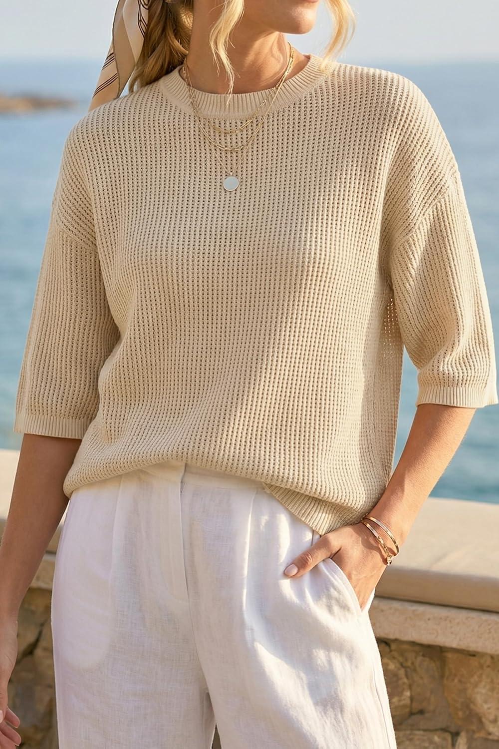 imageArachampCloz Womens 100 Cotton 34 Length Sleeve Sweater Crochet Tops Shirts Casual Blouses Resort Wear Summer 2026Light Khaki