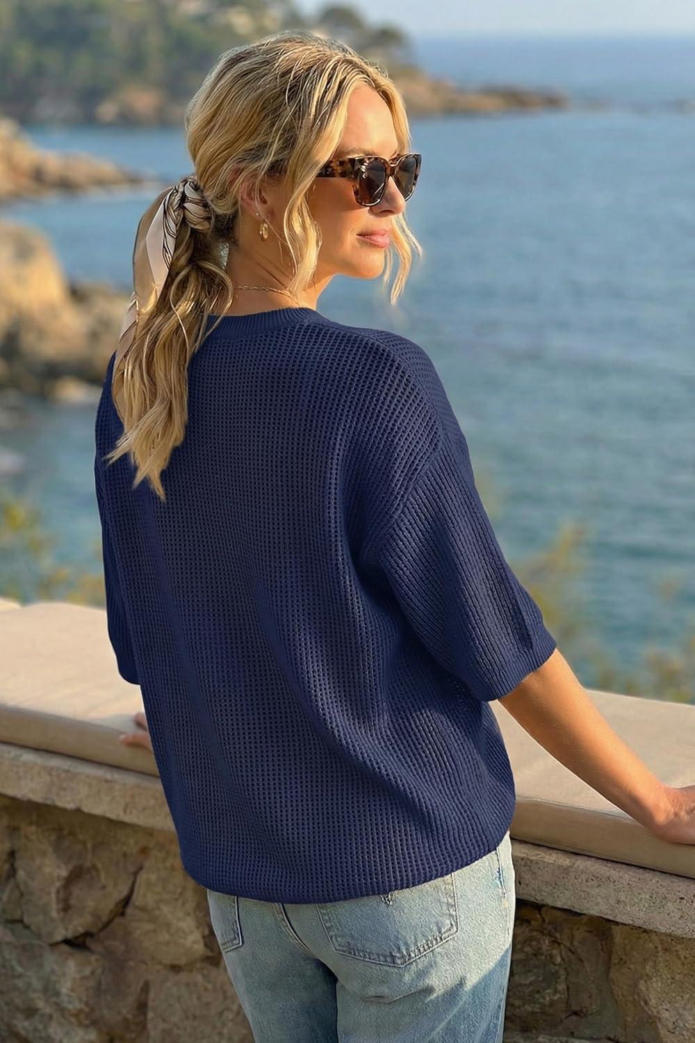 imageArachampCloz Womens 100 Cotton 34 Length Sleeve Sweater Crochet Tops Shirts Casual Blouses Resort Wear Summer 2026Navy