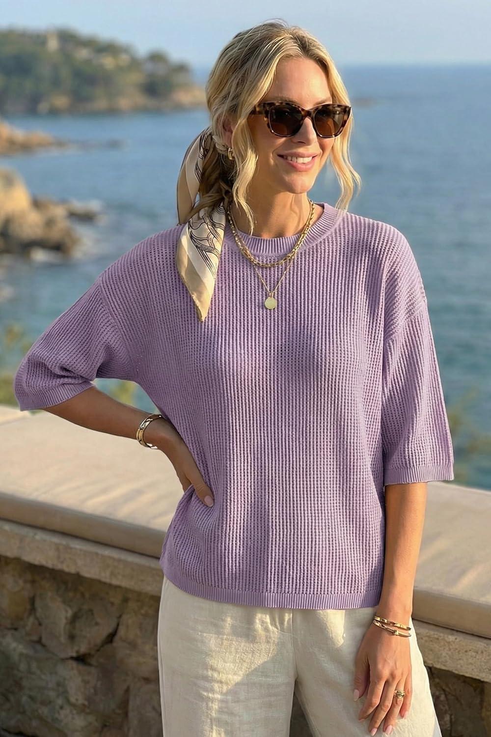 imageArachampCloz Womens 100 Cotton 34 Length Sleeve Sweater Crochet Tops Shirts Casual Blouses Resort Wear Summer 2026Purple