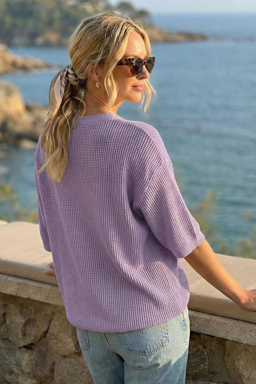 imageArachampCloz Womens 100 Cotton 34 Length Sleeve Sweater Crochet Tops Shirts Casual Blouses Resort Wear Summer 2026Purple