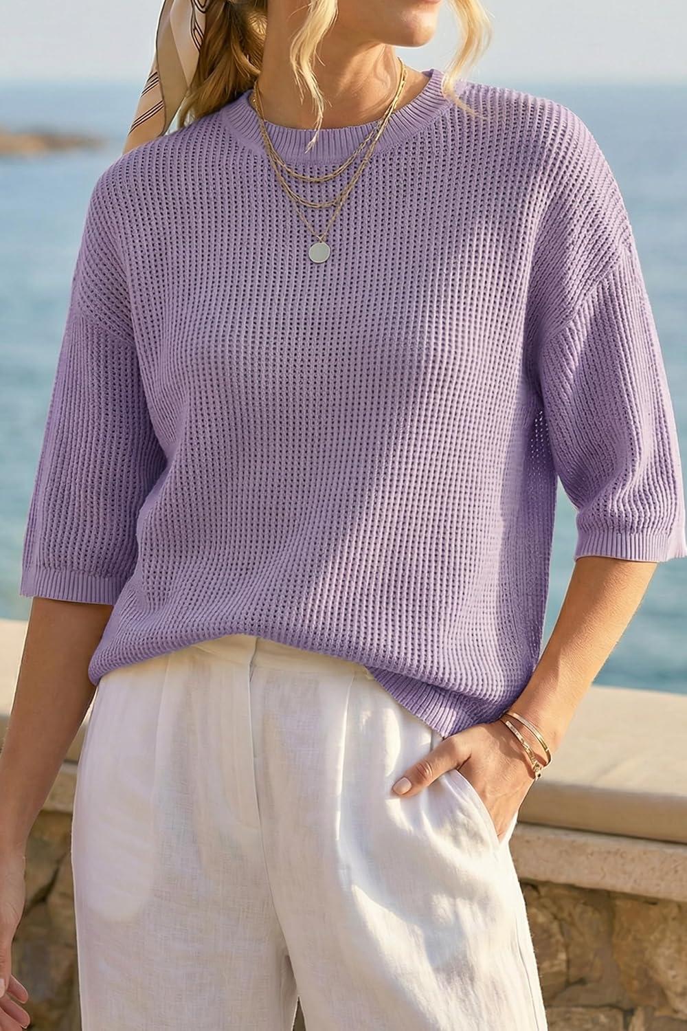 imageArachampCloz Womens 100 Cotton 34 Length Sleeve Sweater Crochet Tops Shirts Casual Blouses Resort Wear Summer 2026Purple