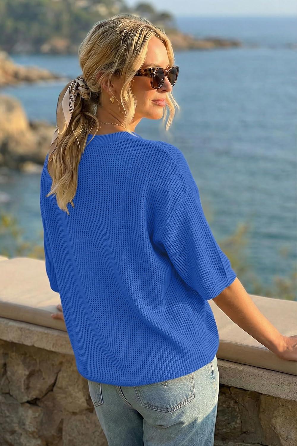 imageArachampCloz Womens 100 Cotton 34 Length Sleeve Sweater Crochet Tops Shirts Casual Blouses Resort Wear Summer 2026Royal Blue