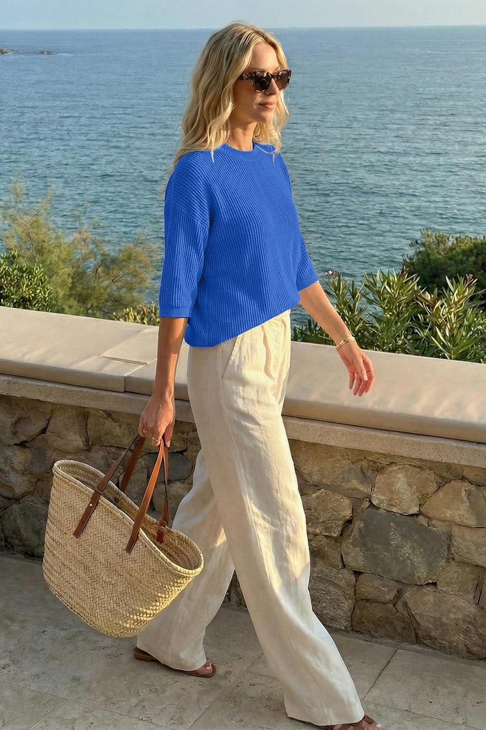 imageArachampCloz Womens 100 Cotton 34 Length Sleeve Sweater Crochet Tops Shirts Casual Blouses Resort Wear Summer 2026Royal Blue