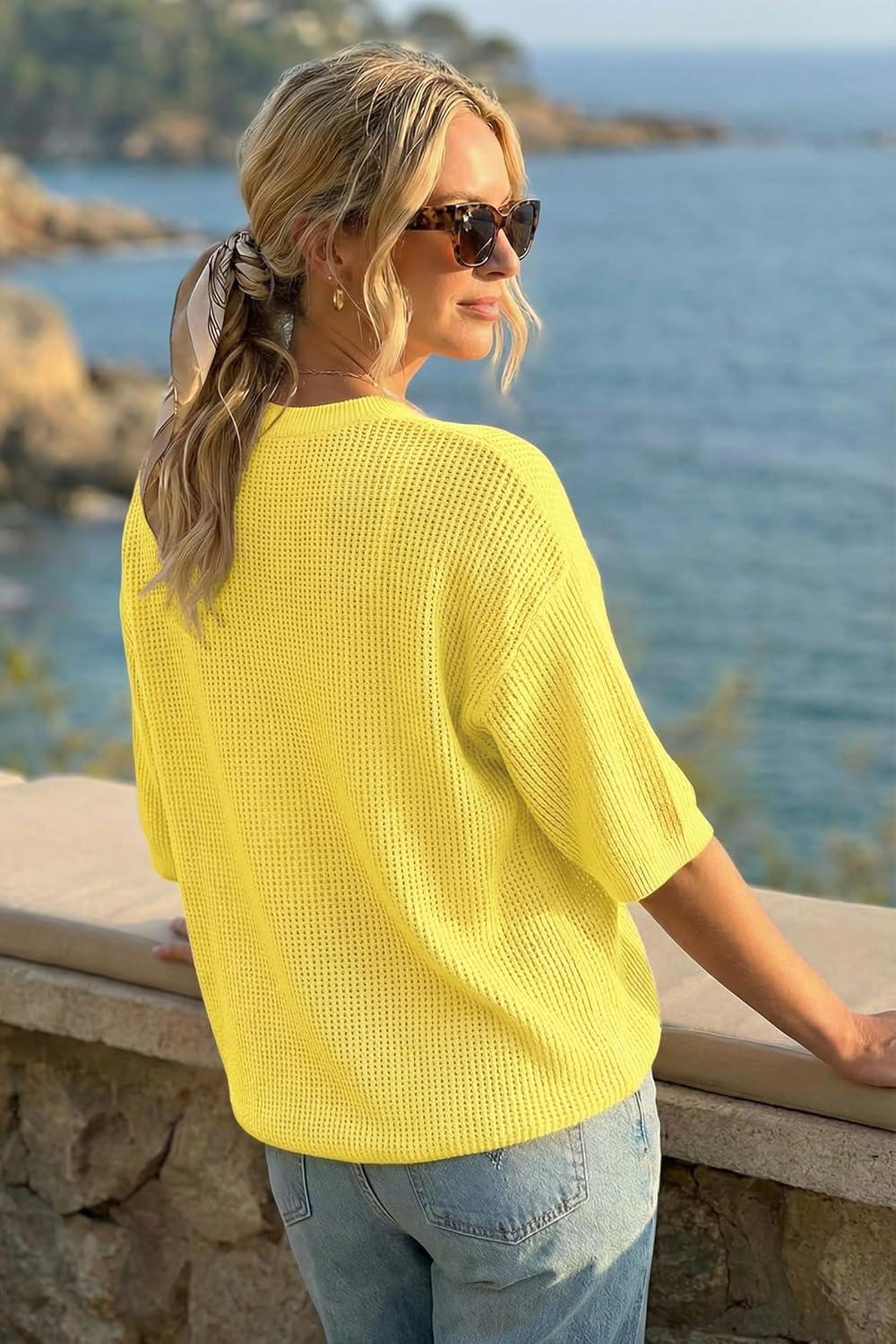 imageArachampCloz Womens 100 Cotton 34 Length Sleeve Sweater Crochet Tops Shirts Casual Blouses Resort Wear Summer 2026Yellow