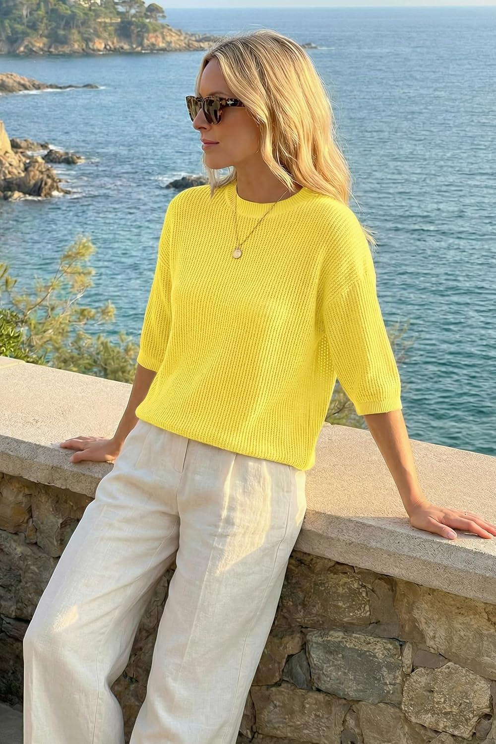 imageArachampCloz Womens 100 Cotton 34 Length Sleeve Sweater Crochet Tops Shirts Casual Blouses Resort Wear Summer 2026Yellow
