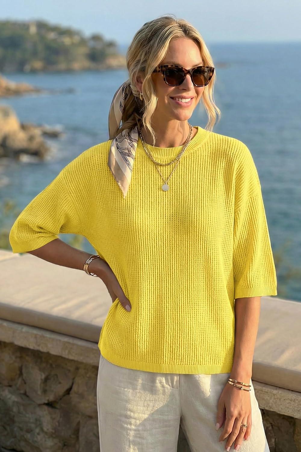 imageArachampCloz Womens 100 Cotton 34 Length Sleeve Sweater Crochet Tops Shirts Casual Blouses Resort Wear Summer 2026Yellow