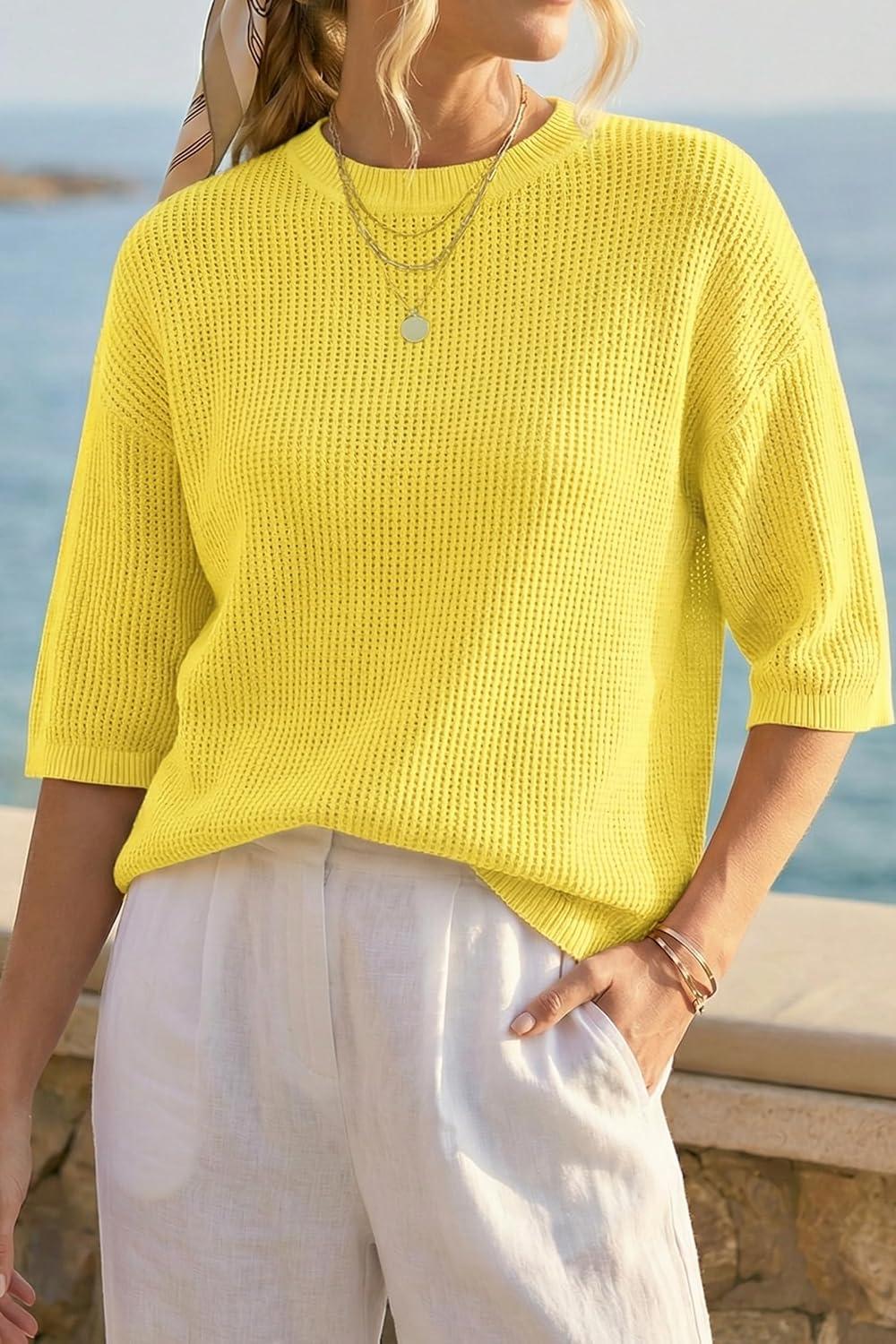 imageArachampCloz Womens 100 Cotton 34 Length Sleeve Sweater Crochet Tops Shirts Casual Blouses Resort Wear Summer 2026Yellow