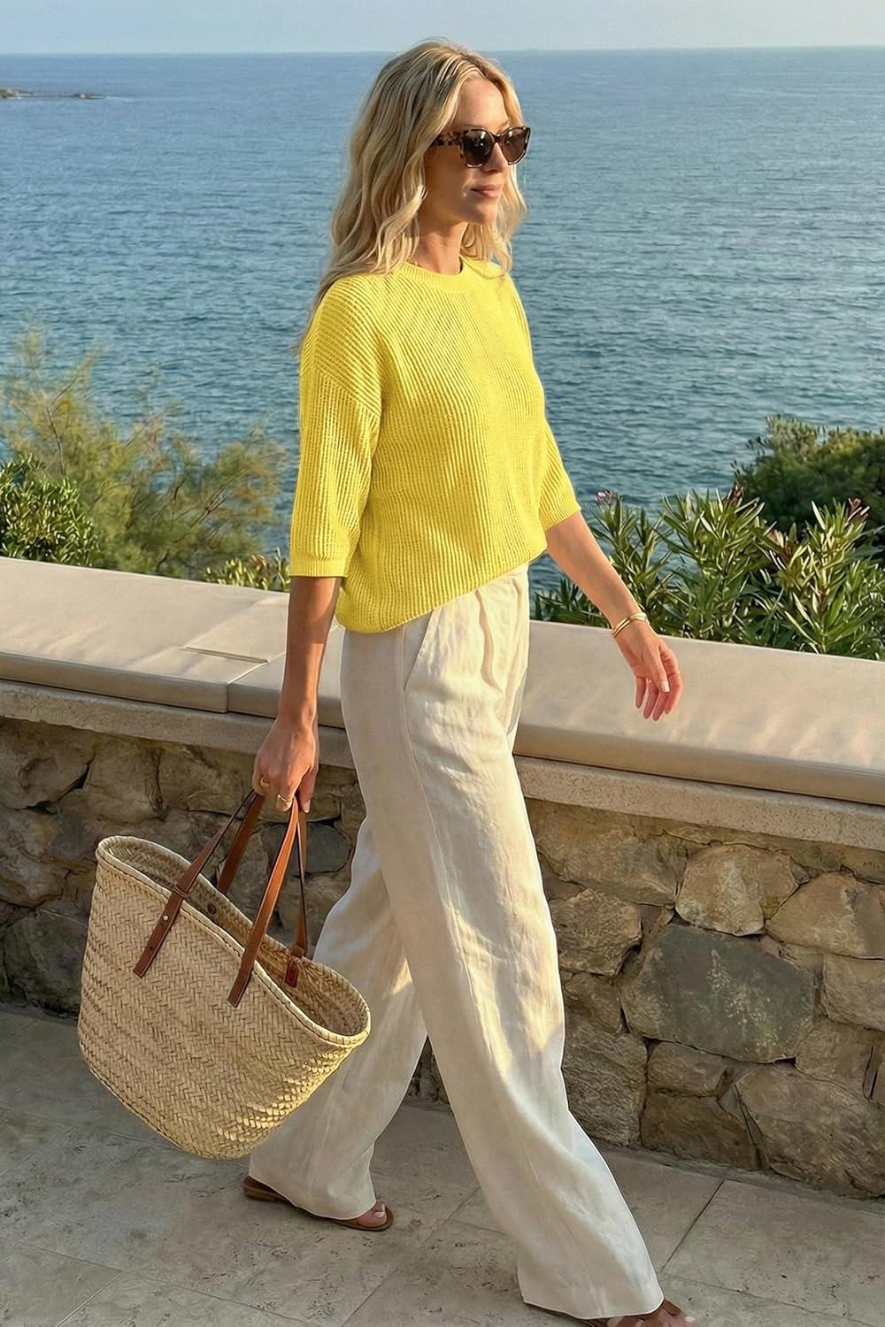 imageArachampCloz Womens 100 Cotton 34 Length Sleeve Sweater Crochet Tops Shirts Casual Blouses Resort Wear Summer 2026Yellow