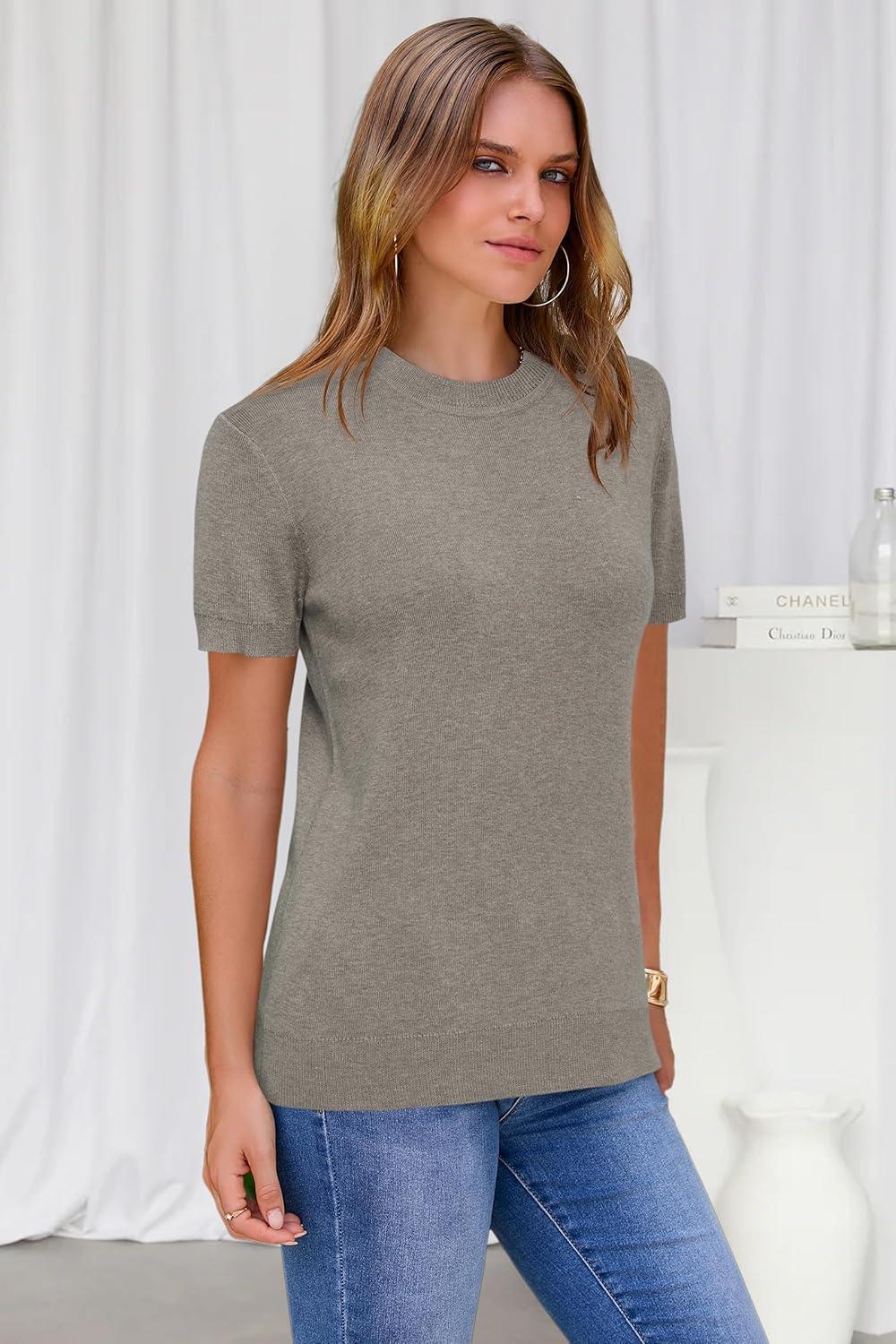 imageArachampCloz Womens Lightweight Wool Blend Short Sleeve Sweater Top Business CasualAgray Mocha