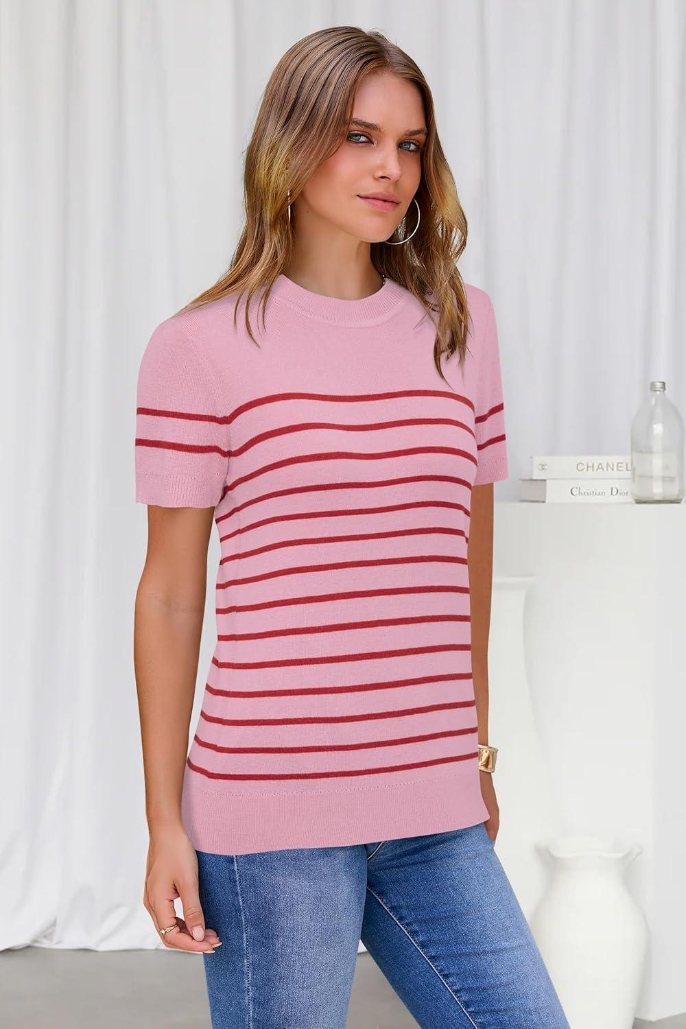 imageArachampCloz Womens Lightweight Wool Blend Short Sleeve Sweater Top Business CasualPinkred