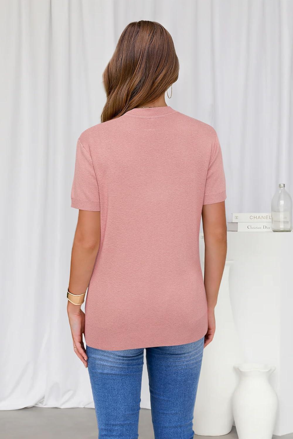 imageArachampCloz Womens Lightweight Wool Blend Short Sleeve Sweater Top Business CasualSakura Pink