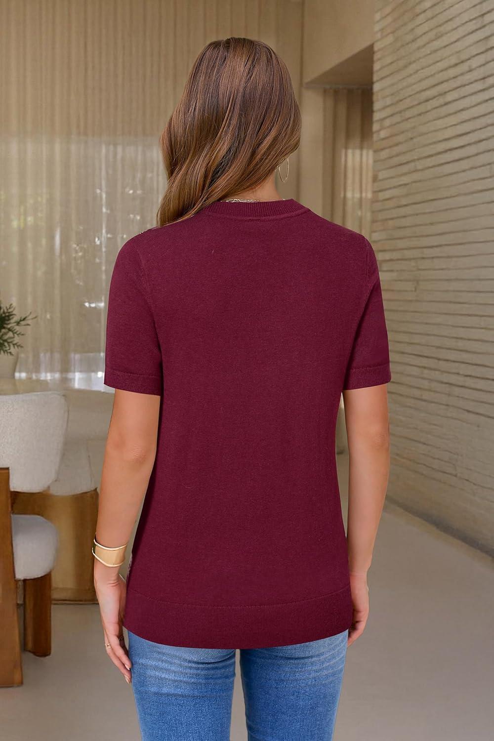 imageArachampCloz Womens Lightweight Wool Blend Short Sleeve Sweater Top Business CasualWine5192