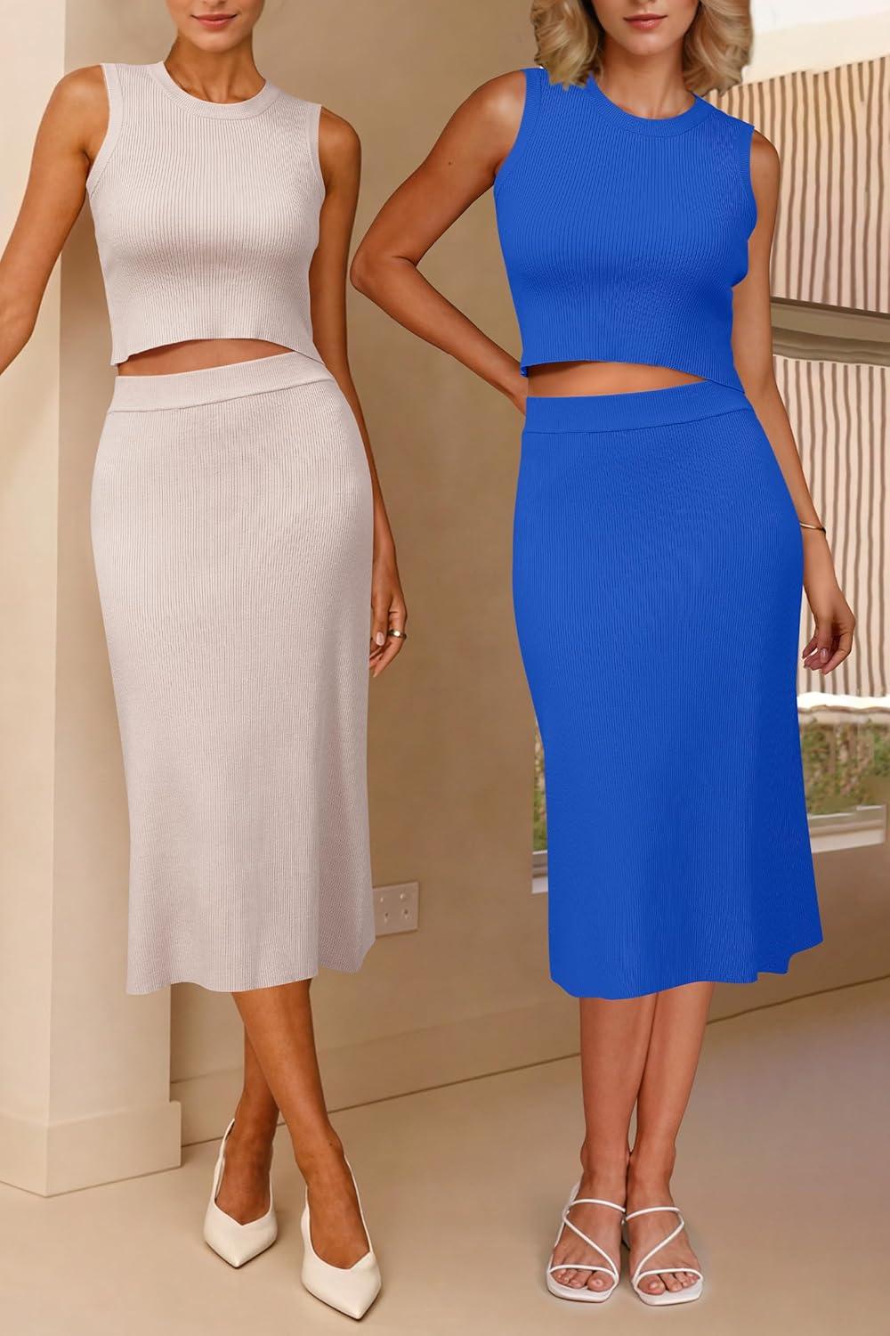 imageArachampCloz Womens Non See Through 2 Piece Sets Tank Top and Midi Skirt Knit OutfitsApricot