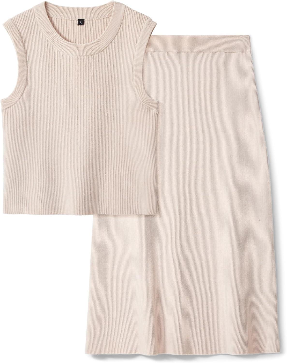 imageArachampCloz Womens Non See Through 2 Piece Sets Tank Top and Midi Skirt Knit OutfitsApricot