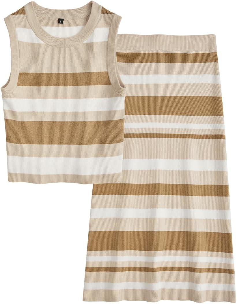 imageArachampCloz Womens Non See Through 2 Piece Sets Tank Top and Midi Skirt Knit OutfitsApricotkhaki