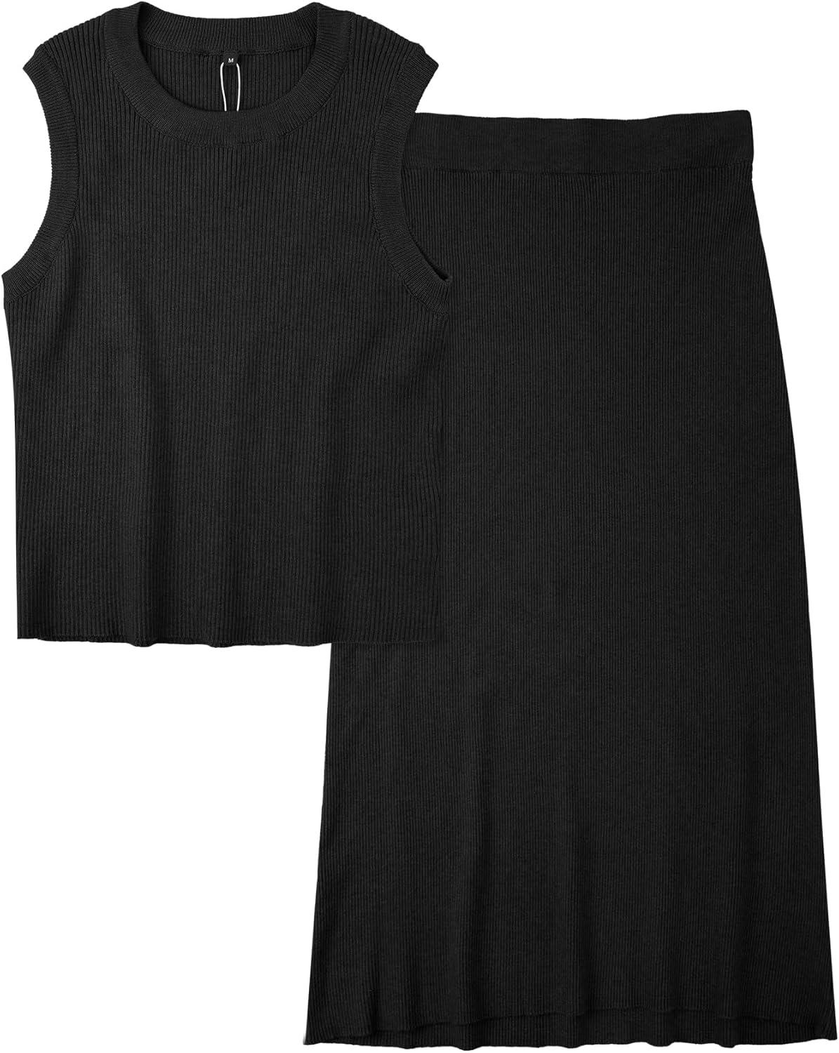 imageArachampCloz Womens Non See Through 2 Piece Sets Tank Top and Midi Skirt Knit OutfitsBlack