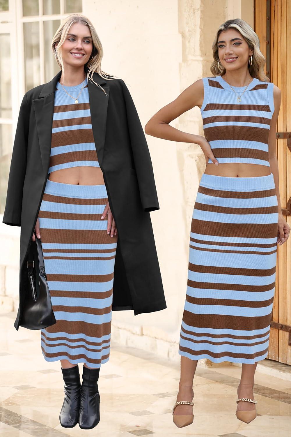 imageArachampCloz Womens Non See Through 2 Piece Sets Tank Top and Midi Skirt Knit OutfitsBluecoffee