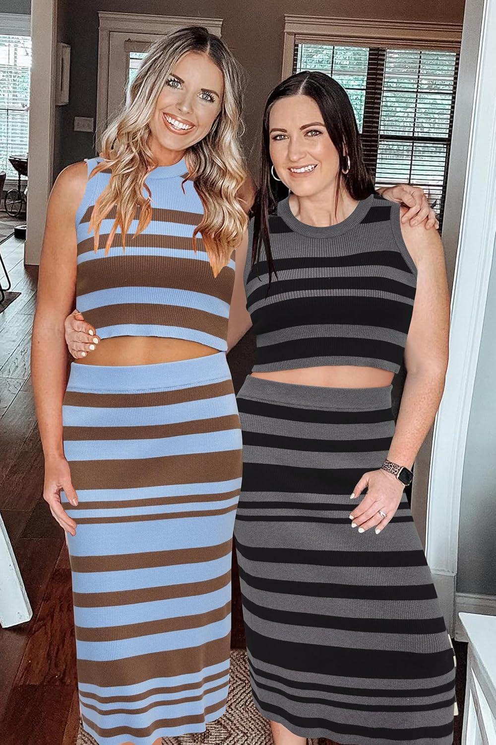 imageArachampCloz Womens Non See Through 2 Piece Sets Tank Top and Midi Skirt Knit OutfitsBluecoffee