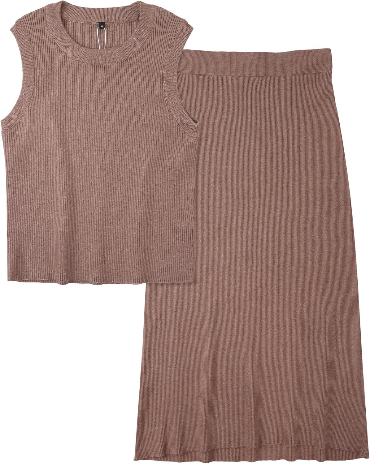 imageArachampCloz Womens Non See Through 2 Piece Sets Tank Top and Midi Skirt Knit OutfitsCoffee