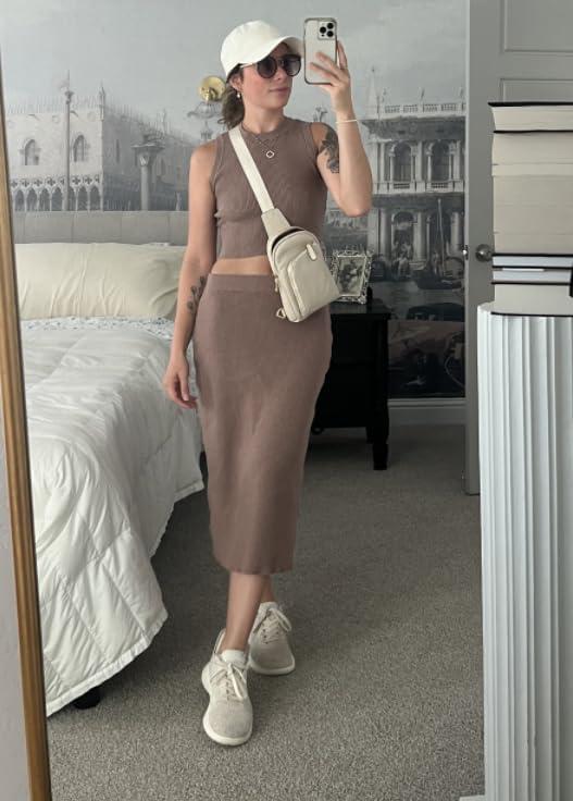imageArachampCloz Womens Non See Through 2 Piece Sets Tank Top and Midi Skirt Knit OutfitsCoffee
