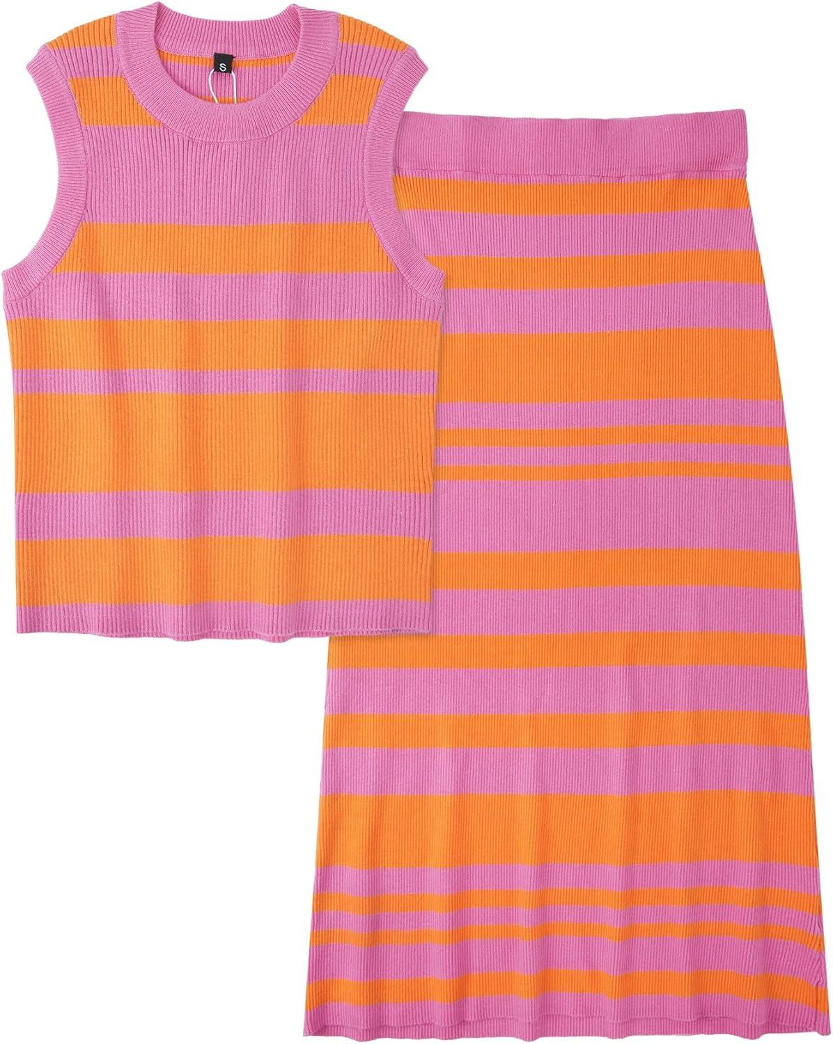 imageArachampCloz Womens Non See Through 2 Piece Sets Tank Top and Midi Skirt Knit OutfitsDark Orange Pink