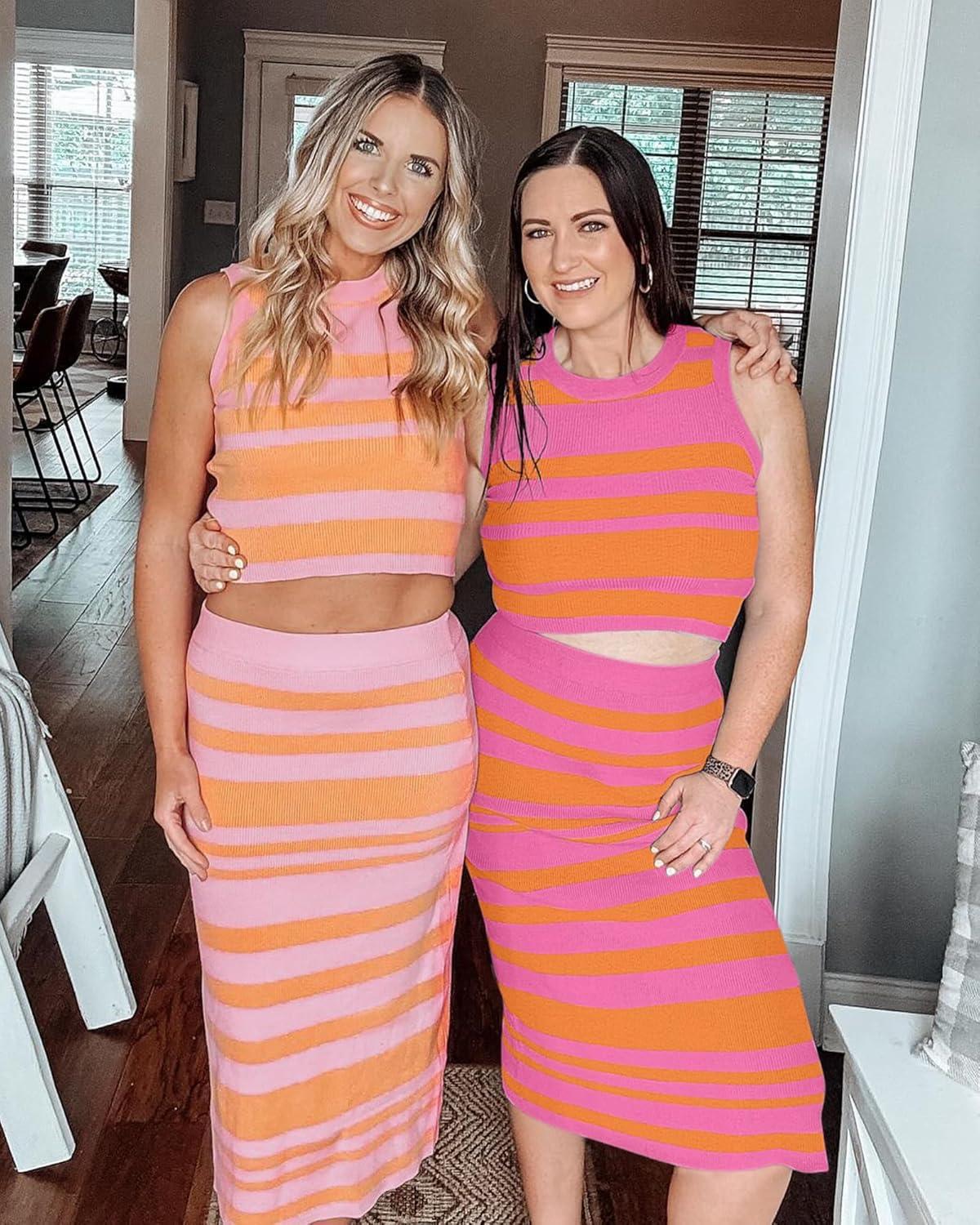 imageArachampCloz Womens Non See Through 2 Piece Sets Tank Top and Midi Skirt Knit OutfitsDark Orange Pink