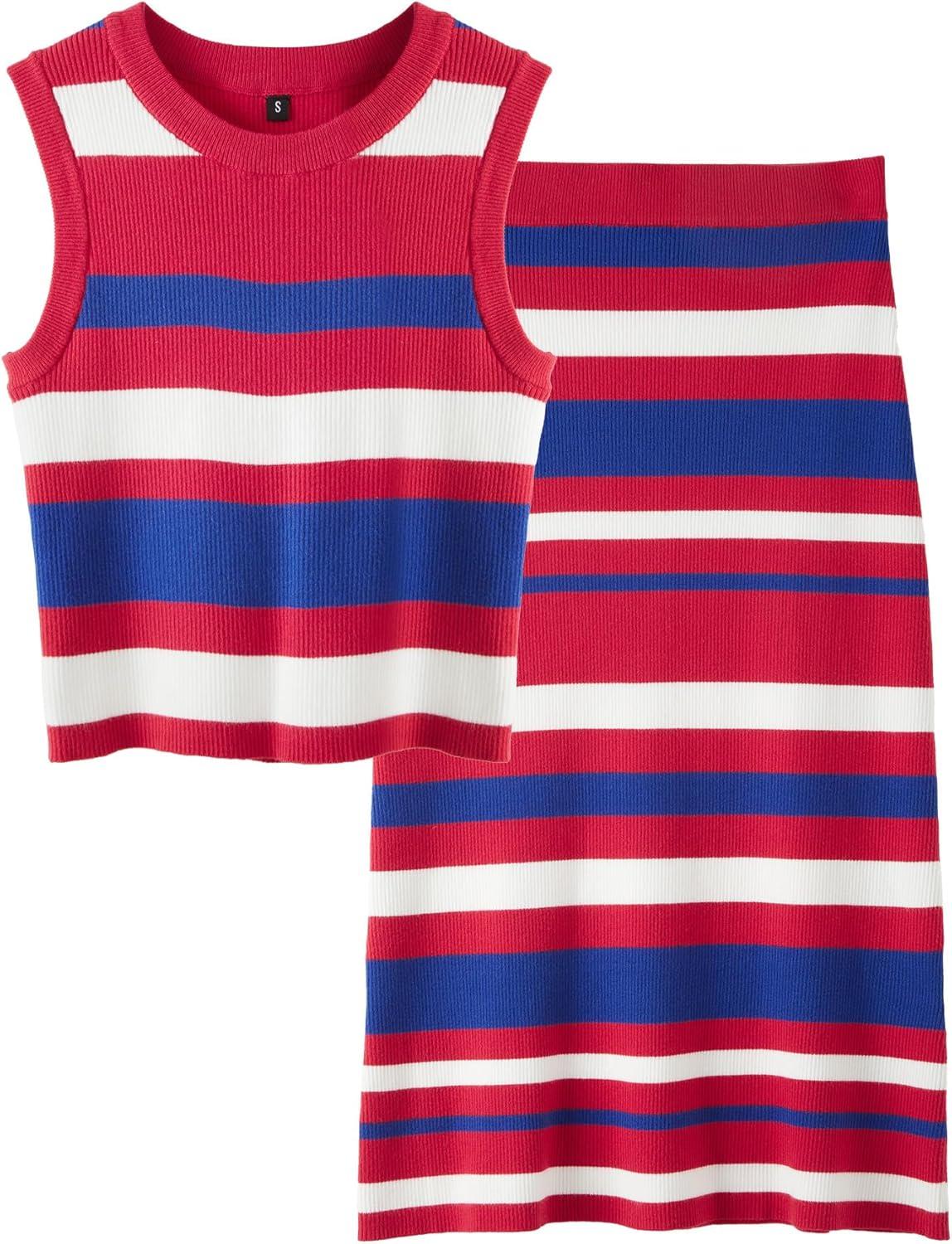 imageArachampCloz Womens Non See Through 2 Piece Sets Tank Top and Midi Skirt Knit OutfitsDark Rednavy