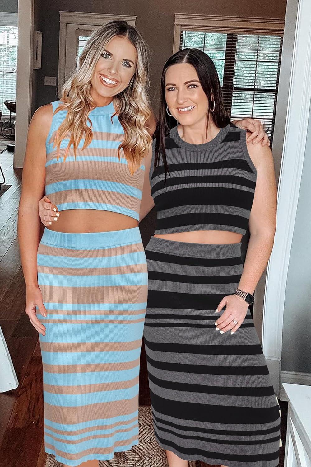 imageArachampCloz Womens Non See Through 2 Piece Sets Tank Top and Midi Skirt Knit OutfitsLight Bluebrown