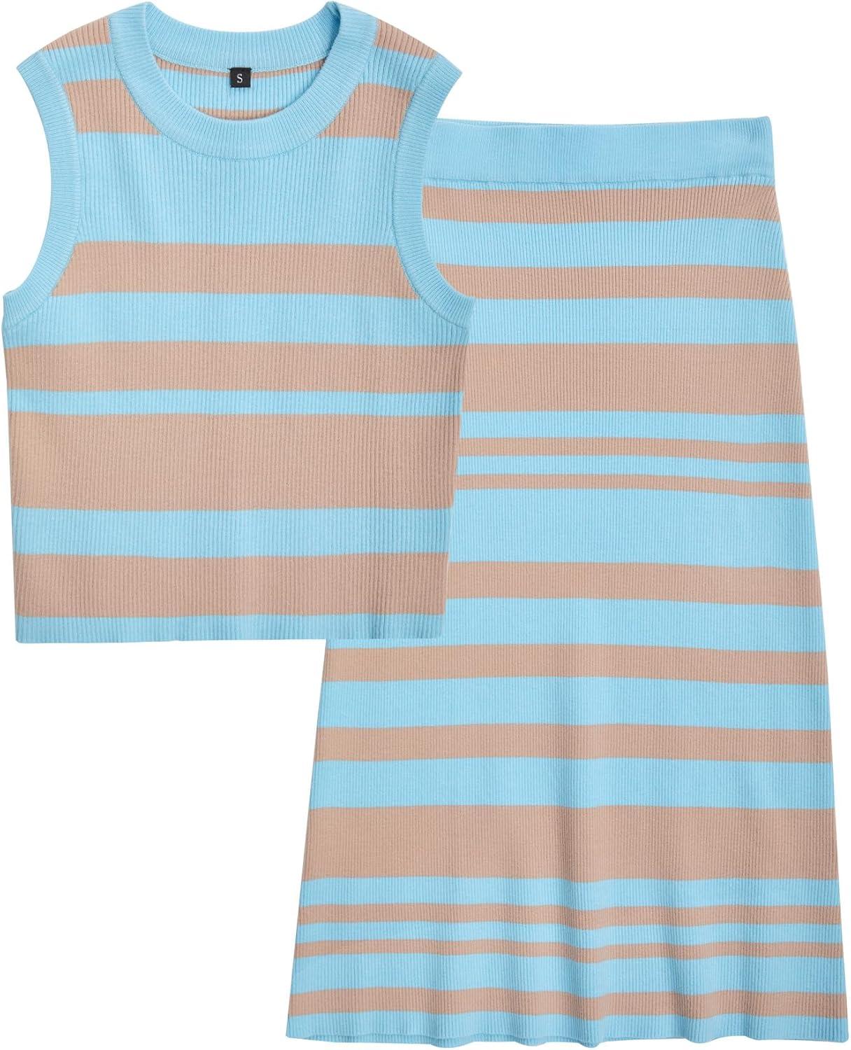 imageArachampCloz Womens Non See Through 2 Piece Sets Tank Top and Midi Skirt Knit OutfitsLight Bluebrown