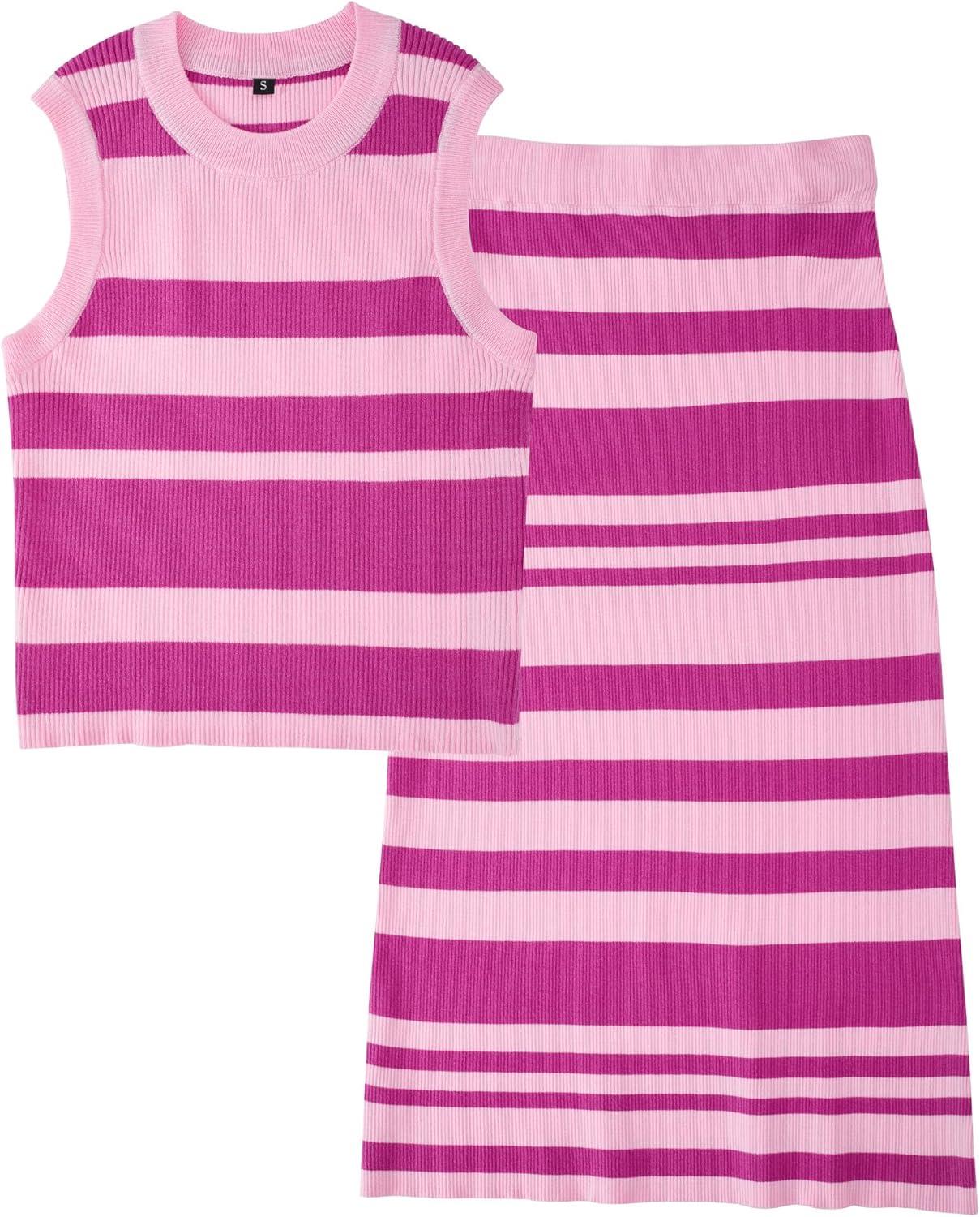 imageArachampCloz Womens Non See Through 2 Piece Sets Tank Top and Midi Skirt Knit OutfitsLight Pink Rose